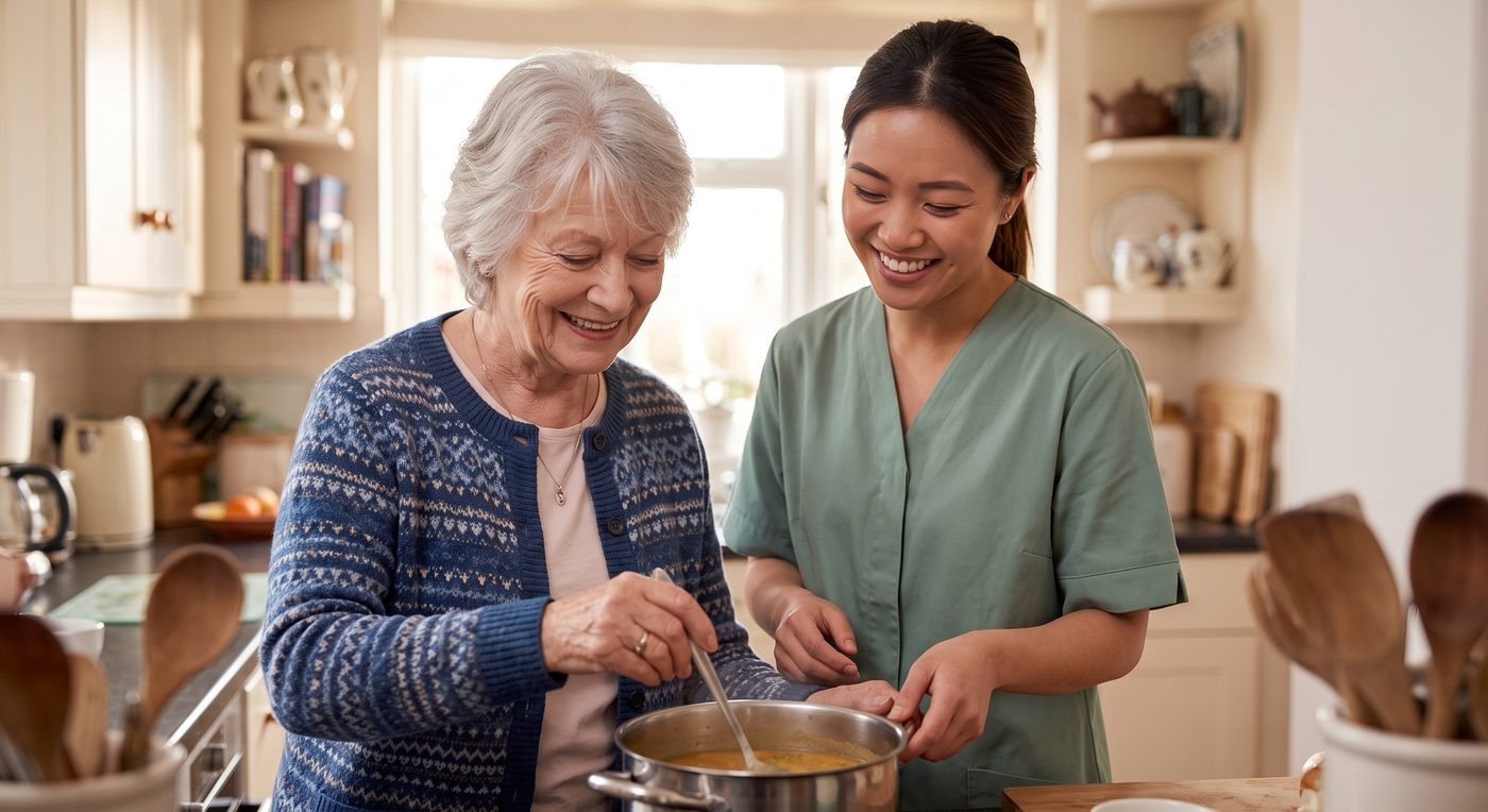 A caregiver helping a client cook in her kitchen at home